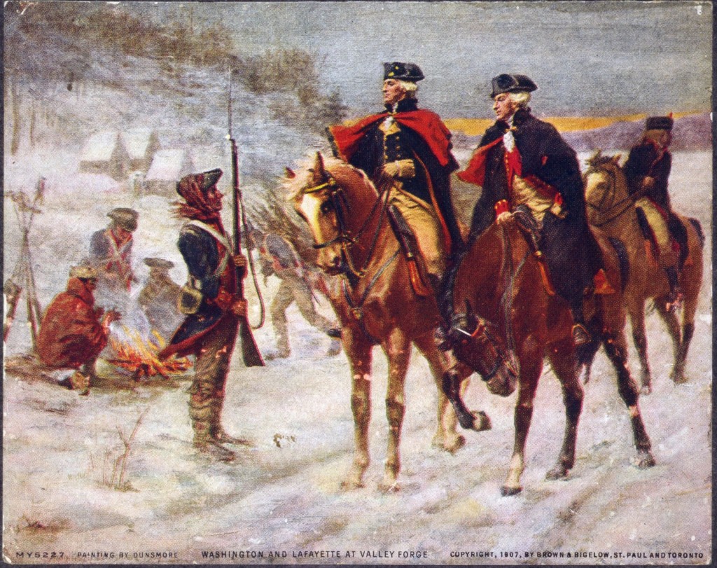 Washington and Lafayette look over the troops at Valley Forge. [public domain]